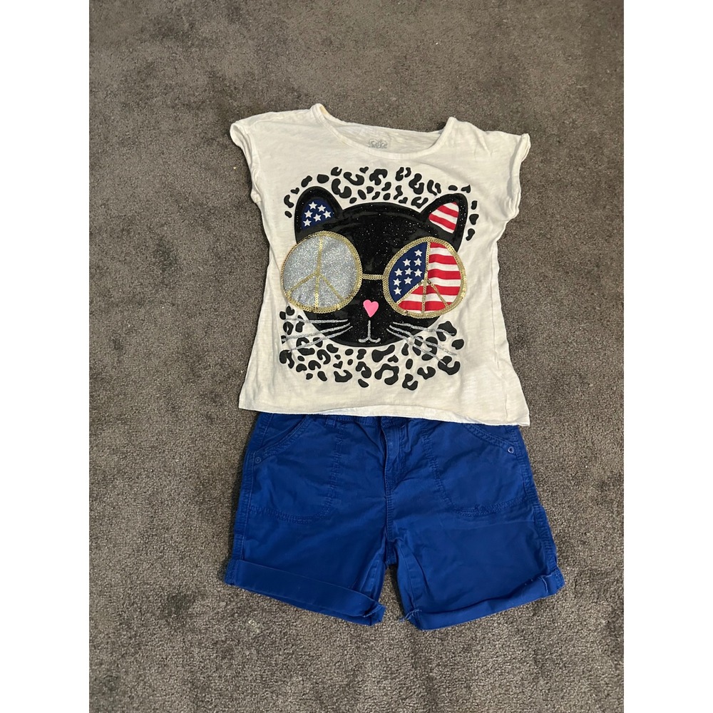 Justice Girls 2pc Outfit Set Cat Graphic Tee Blue Shorts Patriotic Size 14R